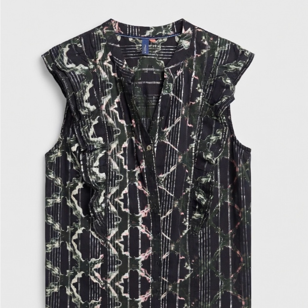 Anthropologie Black V-Neck Ruffle Camisole with Green and Pink Print